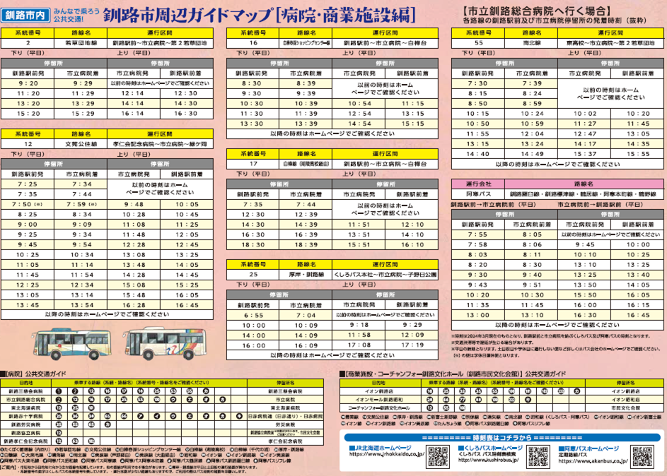 【公共交通ガイドマップ】釧路市周辺ガイドマップ（病院・商業施設編）裏面