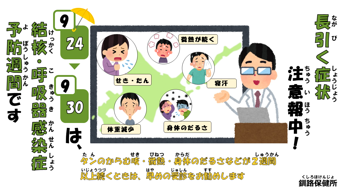 9/24から9/30は結核・呼吸器感染症予防週間です。長引く症状に注意しましょう。