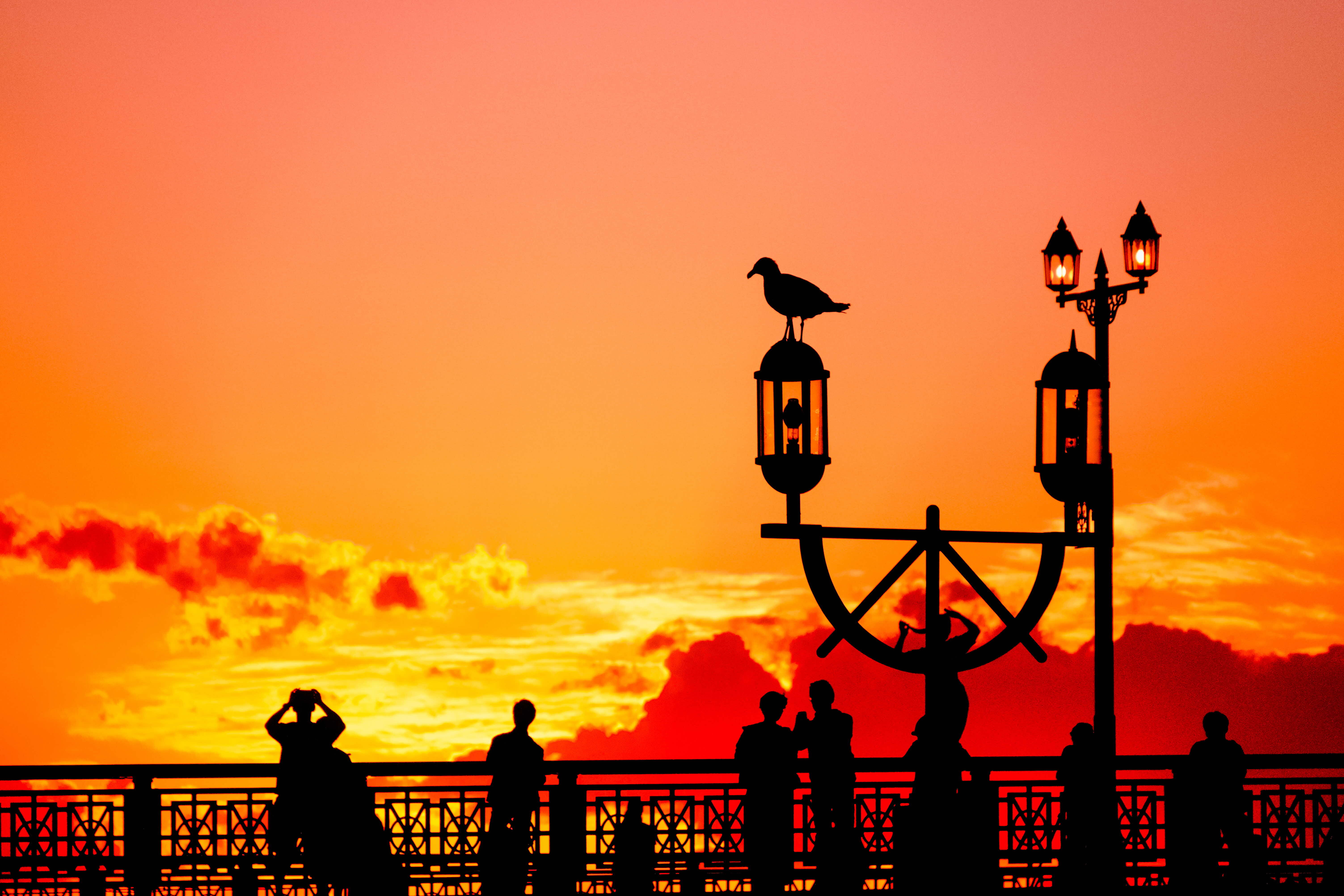 オレンジに輝く夕日と幣舞橋がうつる作品