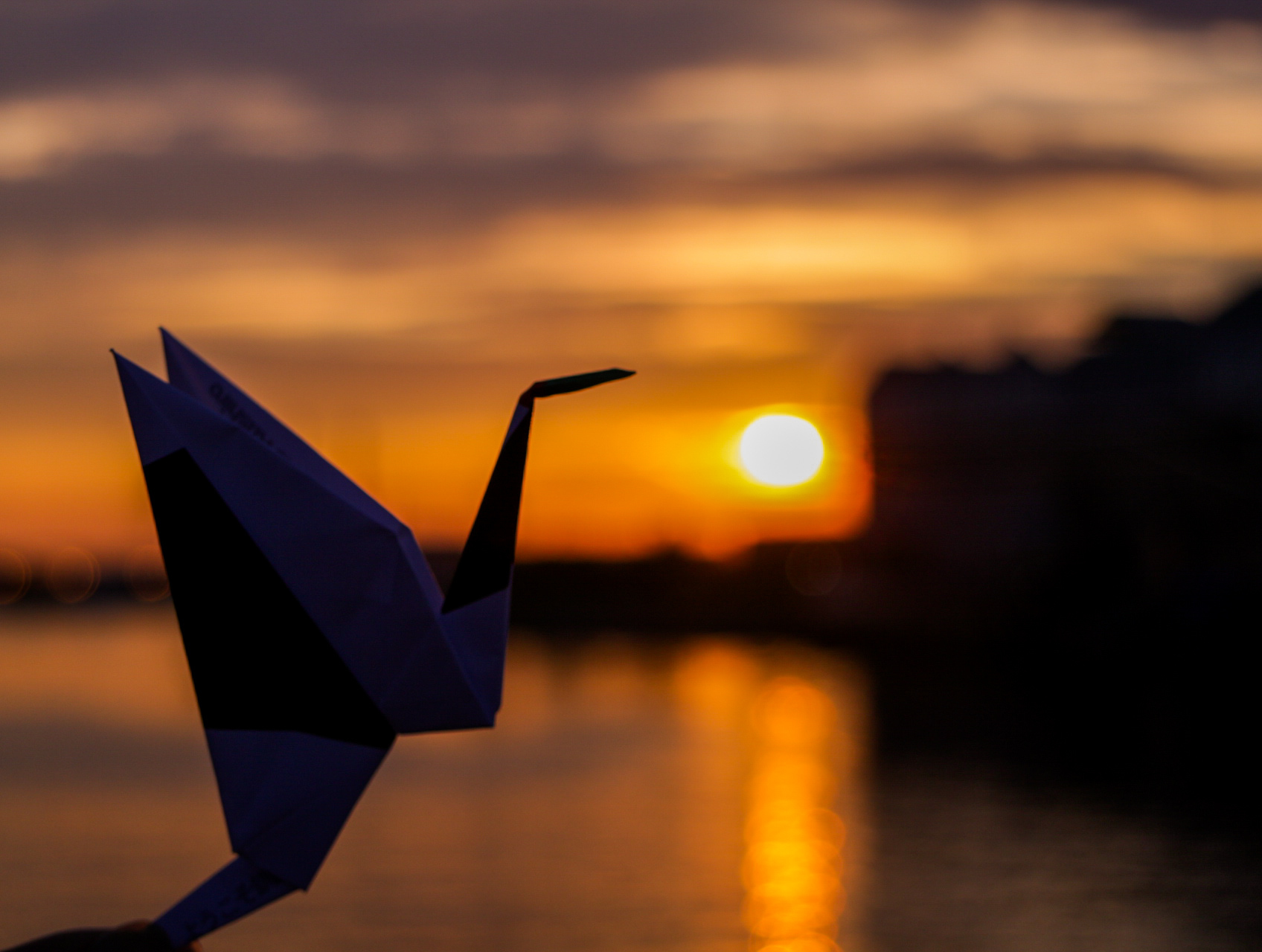 弊舞橋付近から夕日と折り鶴がうつる作品