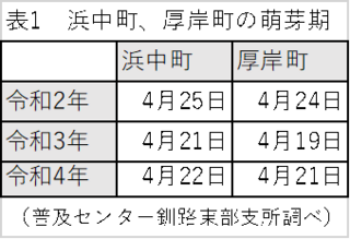 表1浜中町・厚岸町の萌芽期